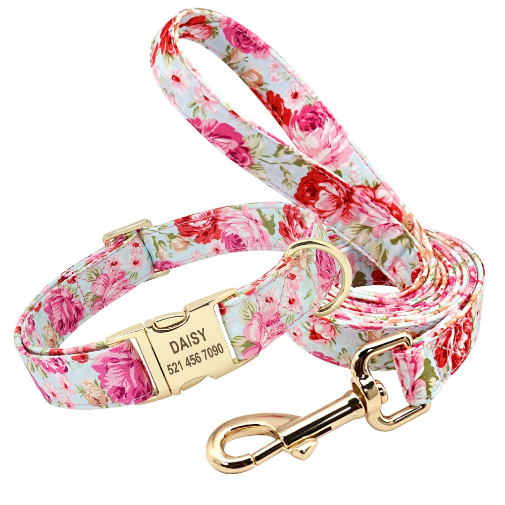 Personalized Floral Dog Collar & Leash Set – Custom Engraved Pet ID