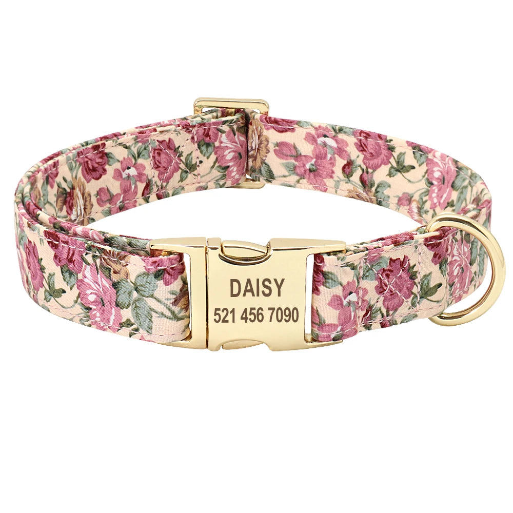 Personalized Floral Dog Collar & Leash Set – Custom Engraved Pet ID