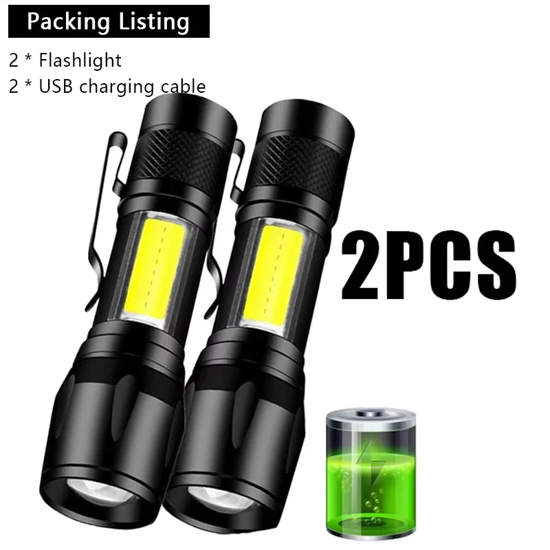 🔦 USB Rechargeable Mini Flashlight – COB+XPE Zoomable Torch with 3 Modes