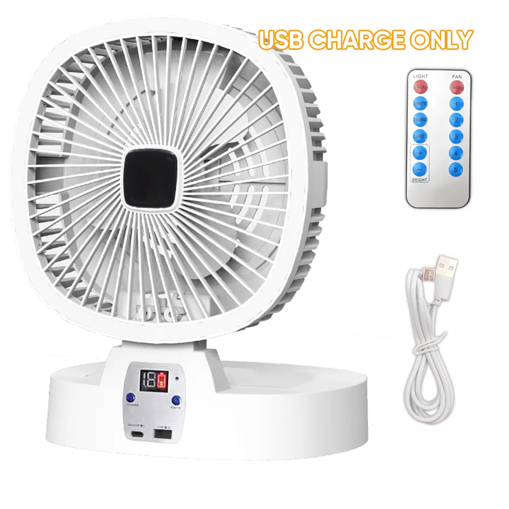 Outdoor Solar Camping Fan – 5 Speeds, LED Light, USB Rechargeable & Power Bank Function, Quiet Portable Electric Fan