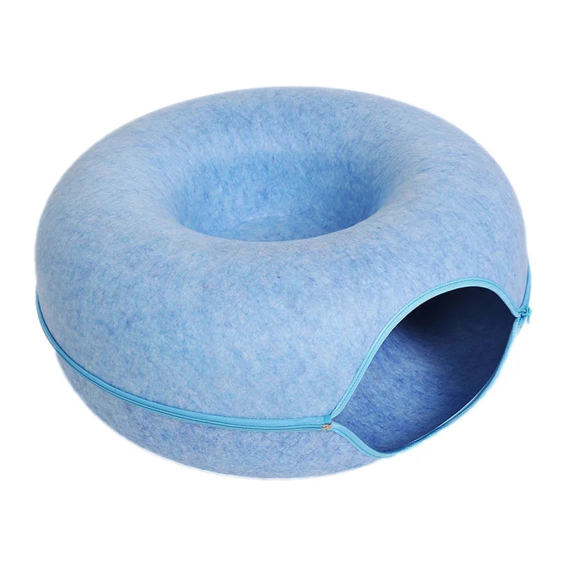 Donut Cat Bed Tunnel for 2 Cats – Interactive Felt Cat Nest & Play House with Toys