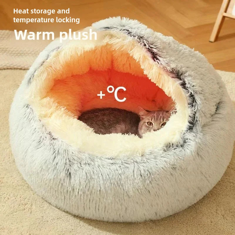 Autumn & Winter Plush Pet Bed – Semi-Enclosed Shell Cat Nest for Cozy Warmth