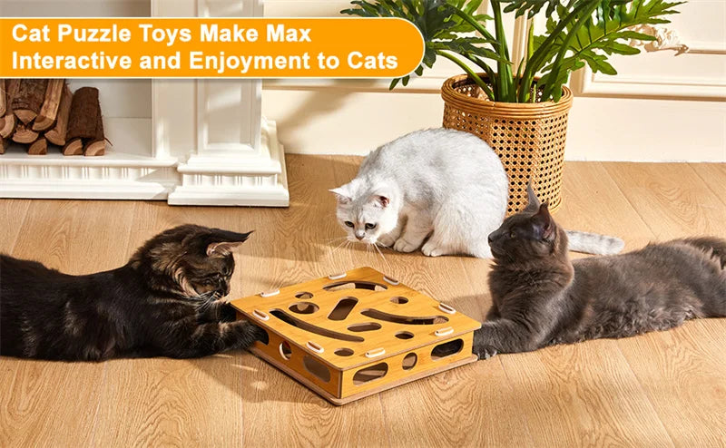 Interactive Wooden Cat Puzzle Box – Treat Maze & Hide and Seek Agility Toy