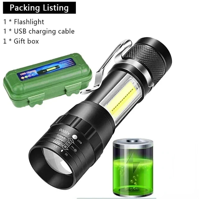 🔦 USB Rechargeable Mini Flashlight – COB+XPE Zoomable Torch with 3 Modes