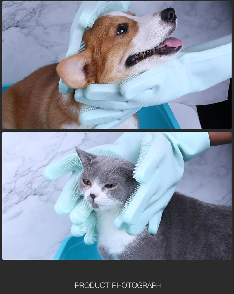 Pet Grooming Gloves for Dogs & Cats – Silicone Bathing, Hair Removal & Cleaning Gloves with Skin Protection