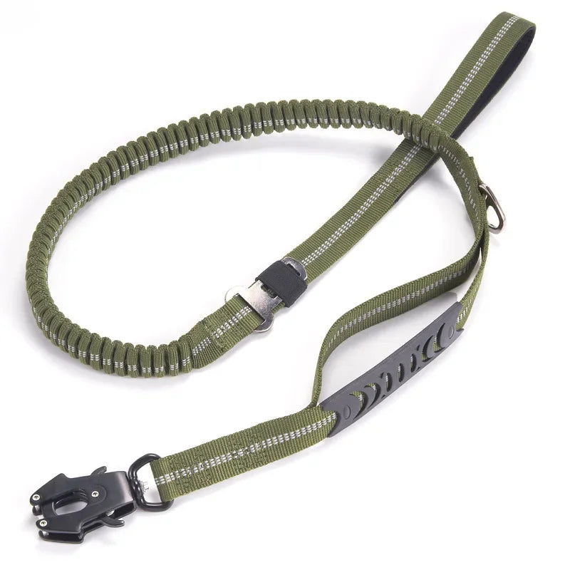 Reflective Tactical Bungee Dog Leash with Car Seatbelt – Shock-Absorbing, No-Pull Lead