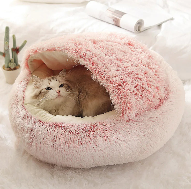 Autumn & Winter Plush Pet Bed – Semi-Enclosed Shell Cat Nest for Cozy Warmth