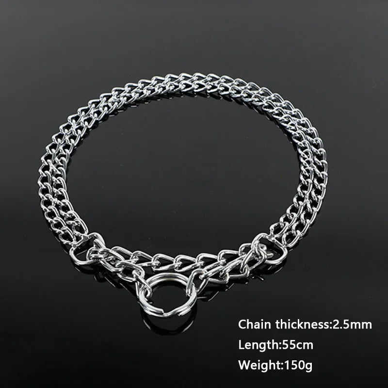 Adjustable Double Row Metal Dog Collar – 35-65cm Triple Ring Explosion-Proof Telescopic Chain for Training & Control