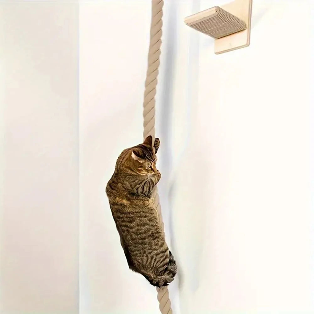 🐾 Wall-Mounted Cat Climbing Rope with Solid Wooden Pedals – Indoor Kitten Training & Claw Grinding Furniture
