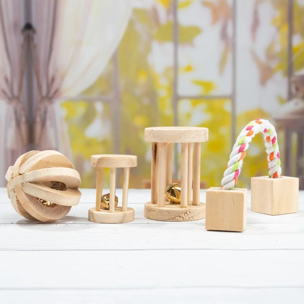 Wooden Rabbit Roller Toy – Natural Chew Dumbbell with Bell for Small Pets