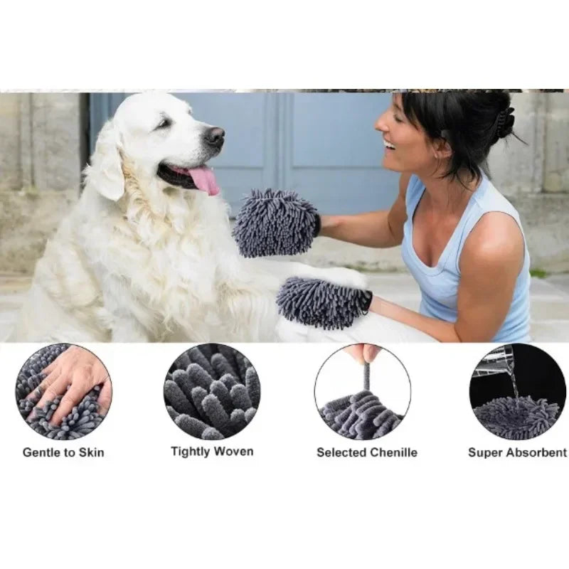 Pet Grooming Glove Towel – Quick-Dry Chenille Mitt for Dogs (All Sizes)