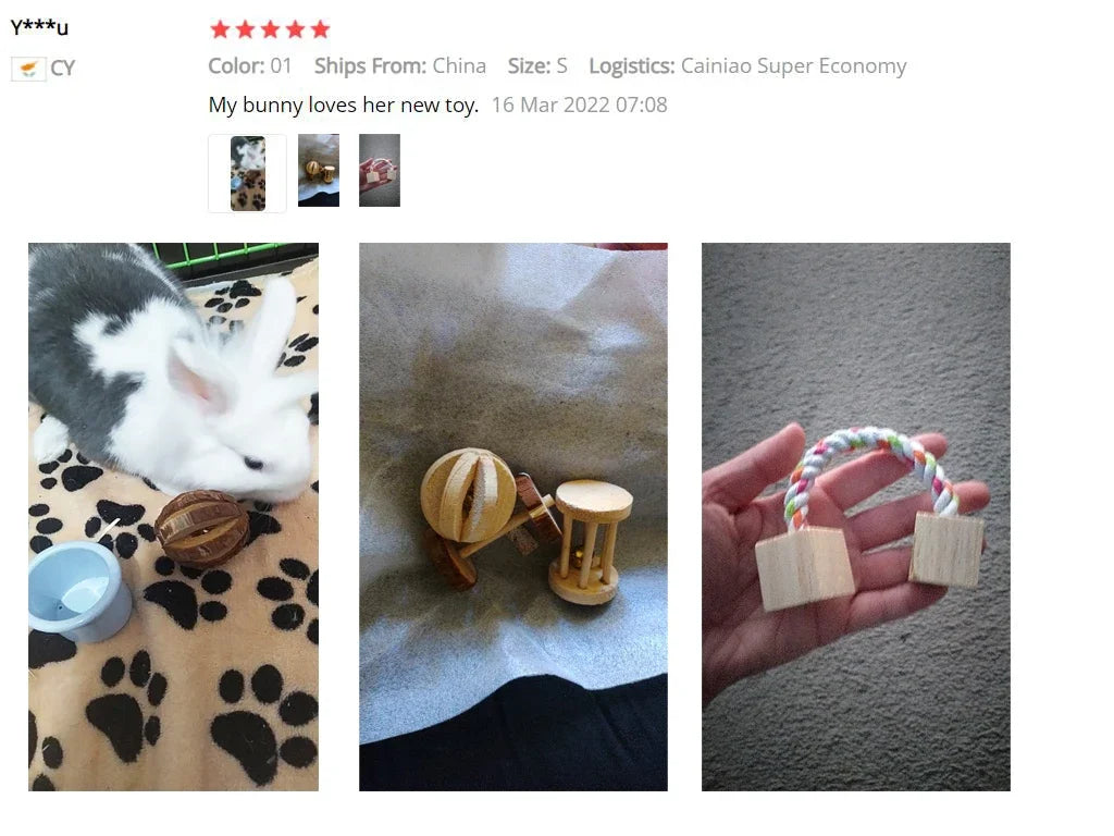 Wooden Rabbit Roller Toy – Natural Chew Dumbbell with Bell for Small Pets