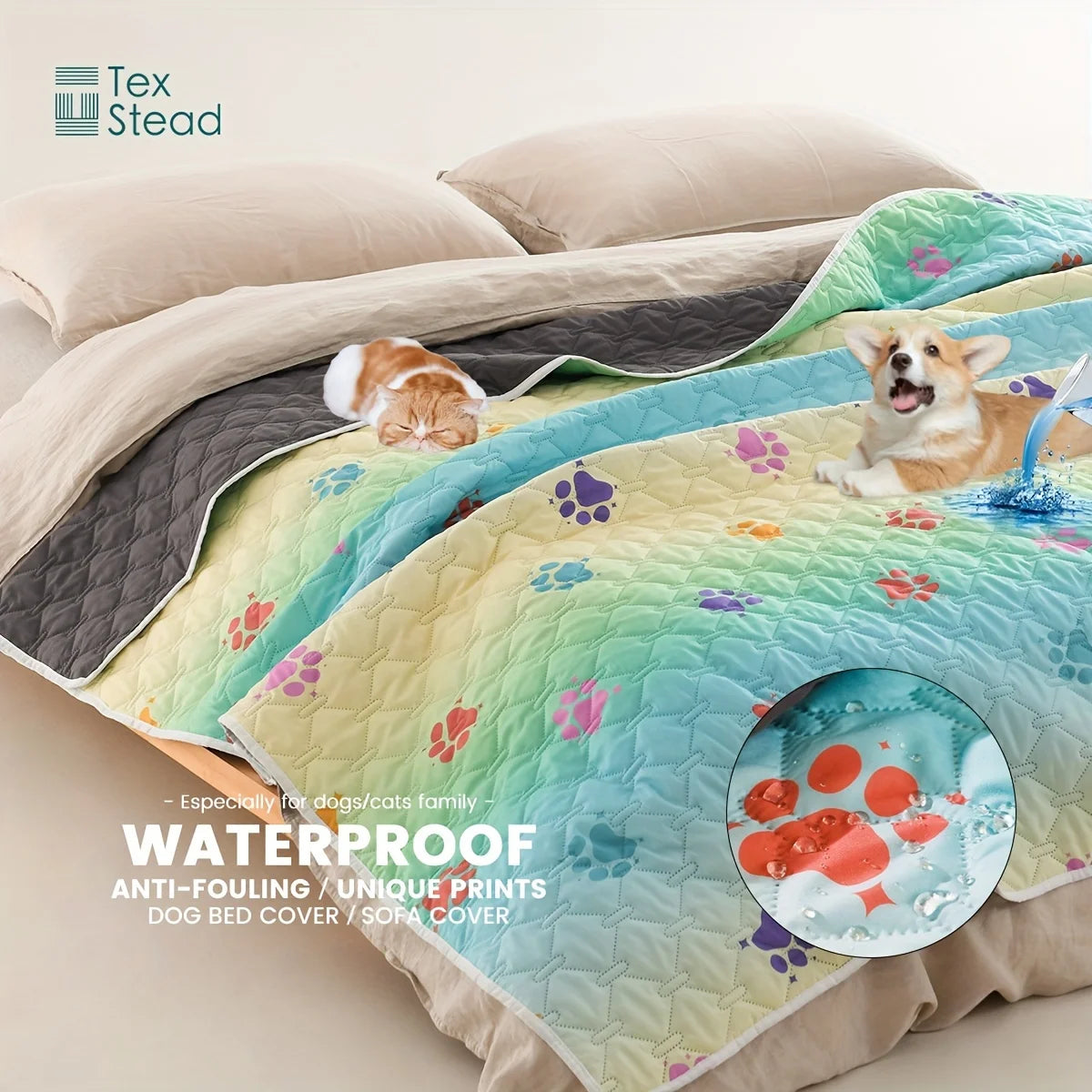 Anti-Leakage Reversible Dog Bed Cover – Washable Paw Print Camping & Changing Pad for Pets & Kids