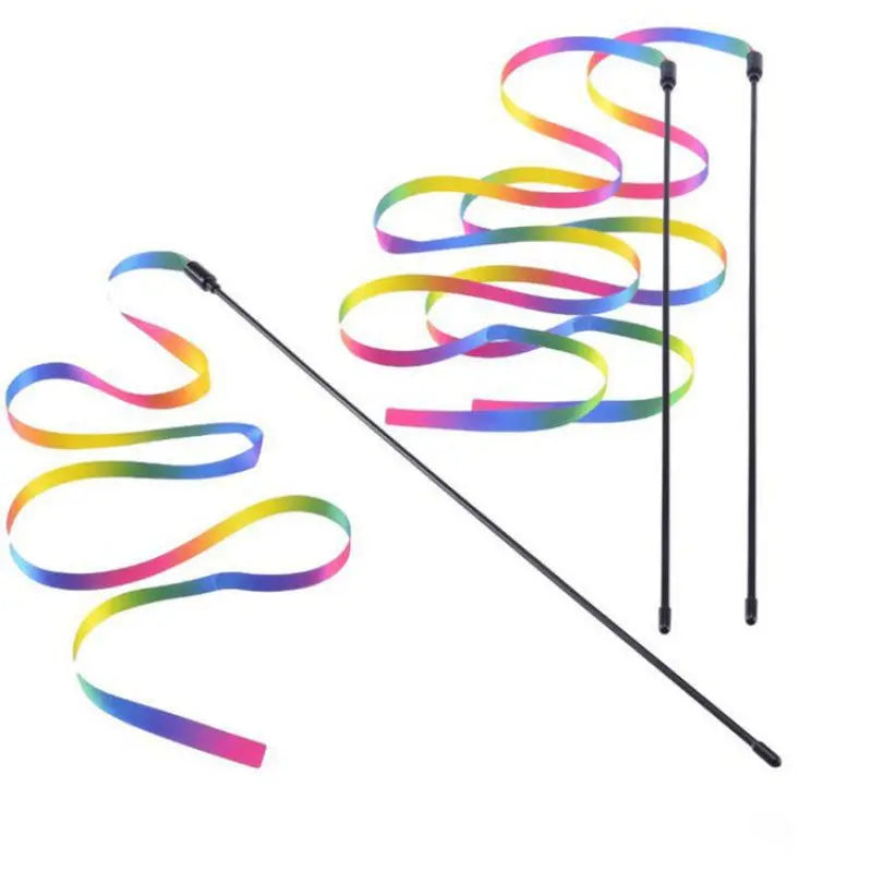 Rainbow Ribbon Cat Teaser Wand – Colorful Interactive Stick Toy for Cats