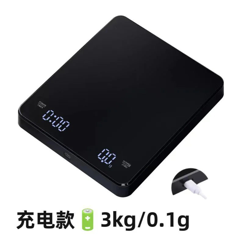 ☕ Digital Rechargeable Coffee Scale with Timer – LED Screen, USB Charging, 3kg Max, 0.1g Precision