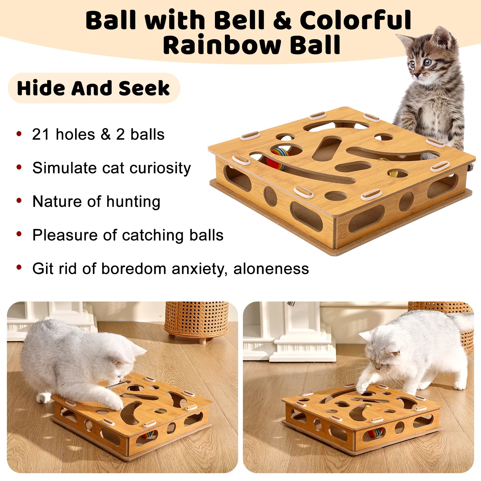 Interactive Wooden Cat Puzzle Box – Treat Maze & Hide and Seek Agility Toy