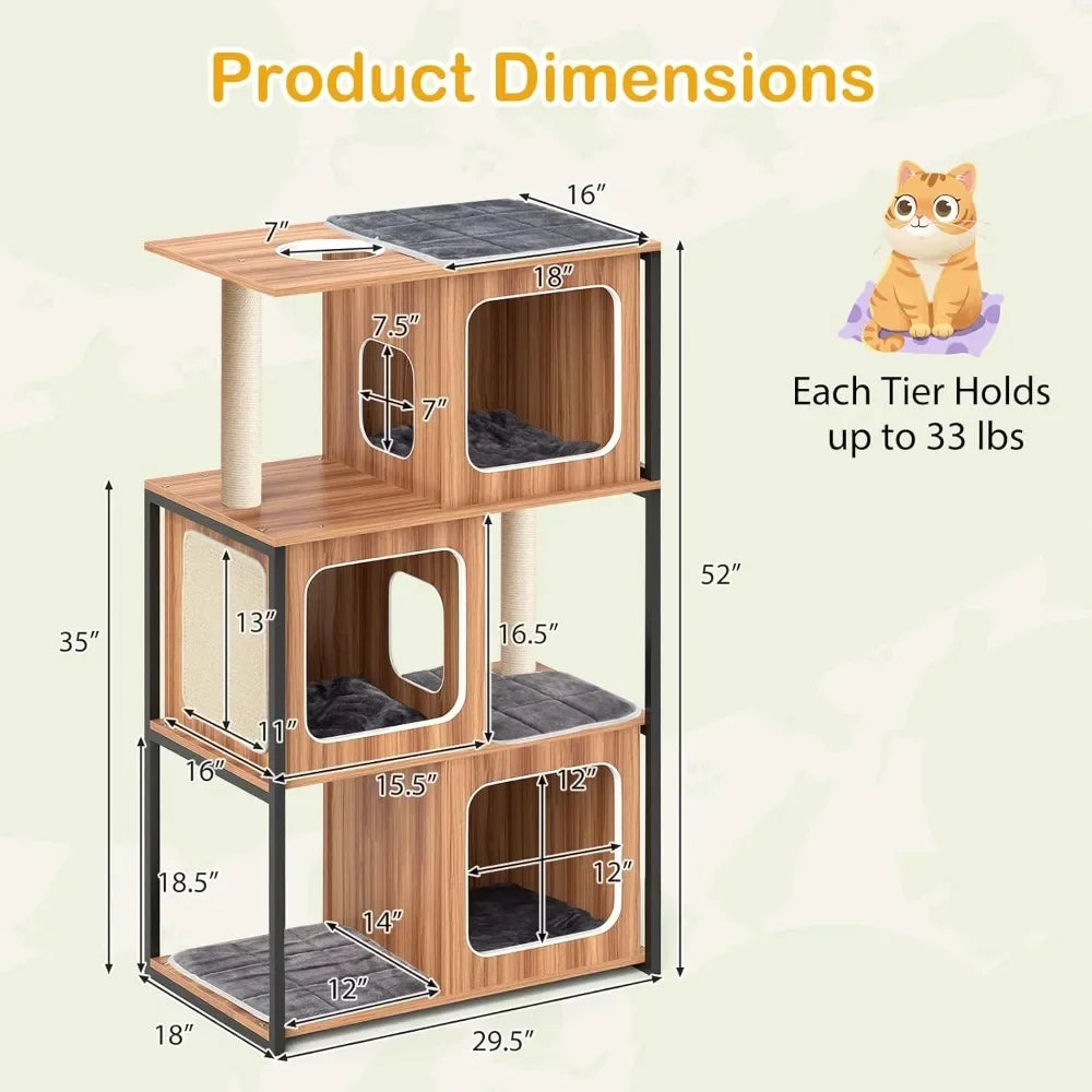 🐾 52" Wooden Cat Tree – Multi-Level Tower with Metal Frame & Sisal Scratching Posts