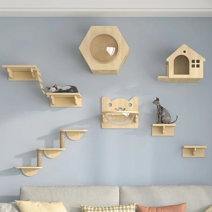 🐾 Wooden Wall Climbing Set for Cats – DIY Modular Cat Tower & Training System