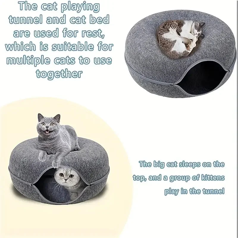 Felt Tunnel Cat Nest with Window – Round Donut Cat Bed, Detachable & Washable All-Season Pet Nest