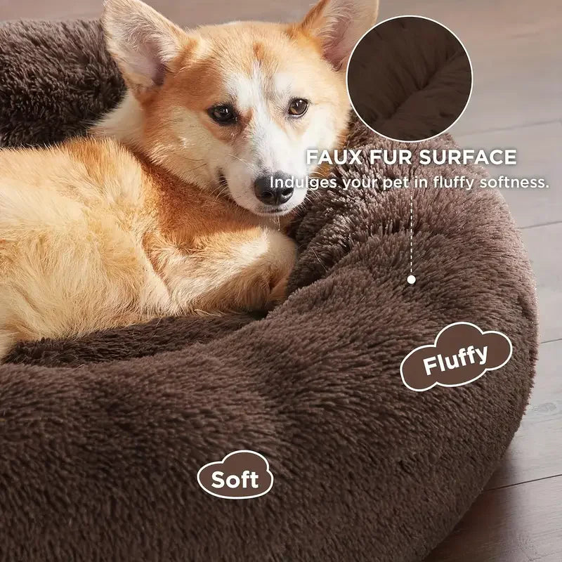 Round Plush Dog Bed – Winter Warm Washable Cat & Dog Basket Bed for Small, Medium & Large Pets