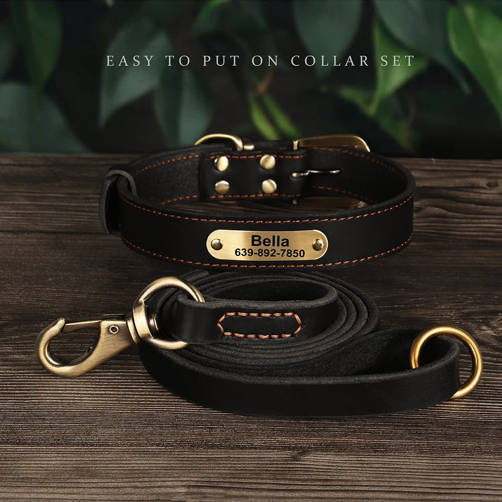 Personalized Leather Dog Collar & Leash Set – Engraved ID for Small to Large Dogs