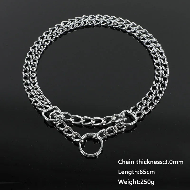 Adjustable Double Row Metal Dog Collar – 35-65cm Triple Ring Explosion-Proof Telescopic Chain for Training & Control