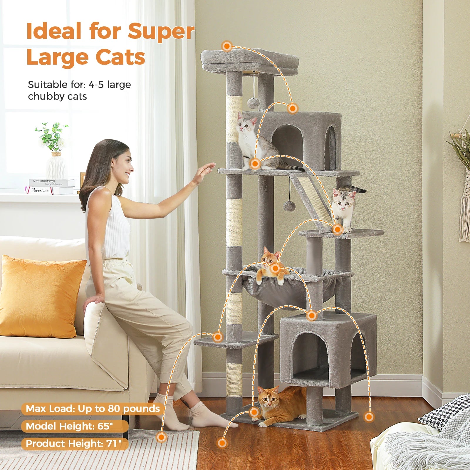 🛋️ 180cm Large Cat Tree Tower – Multi-Level Indoor Cat Furniture with Hammock, Sisal Scratching Posts & Cozy Perches