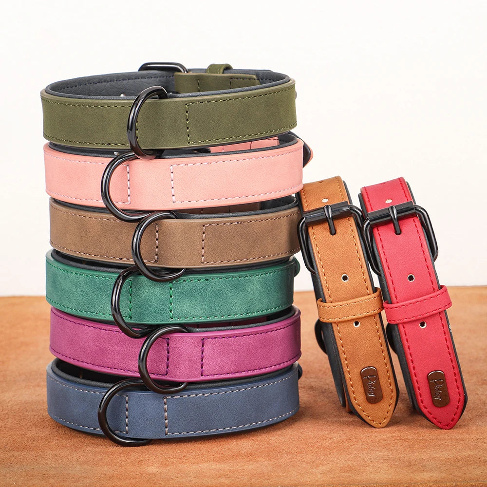 Soft Padded Leather Dog Collar – Durable Pet Necklace for Large Dogs