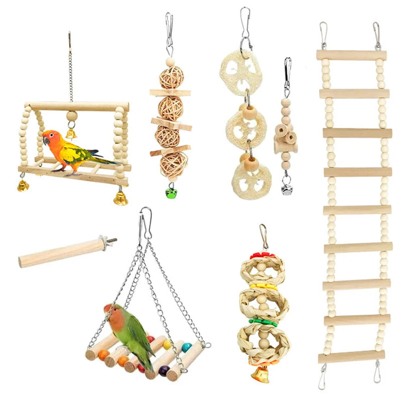 8Pcs Parrot Bird Toys Set – Natural Wood Swing, Perch, and Climbing Toys for Training and Enrichment