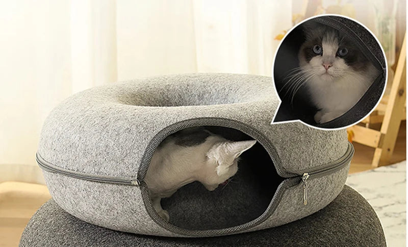 Donut Cat Bed Tunnel for 2 Cats – Interactive Felt Cat Nest & Play House with Toys