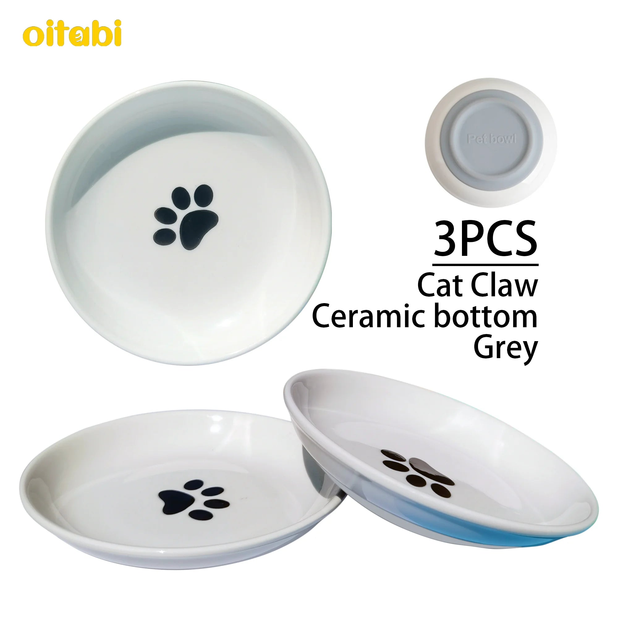 🐾 Oitabi 3PCS No-Spill Cat Bowl Set – Shallow Ceramic Dishes for Cats & Kittens
