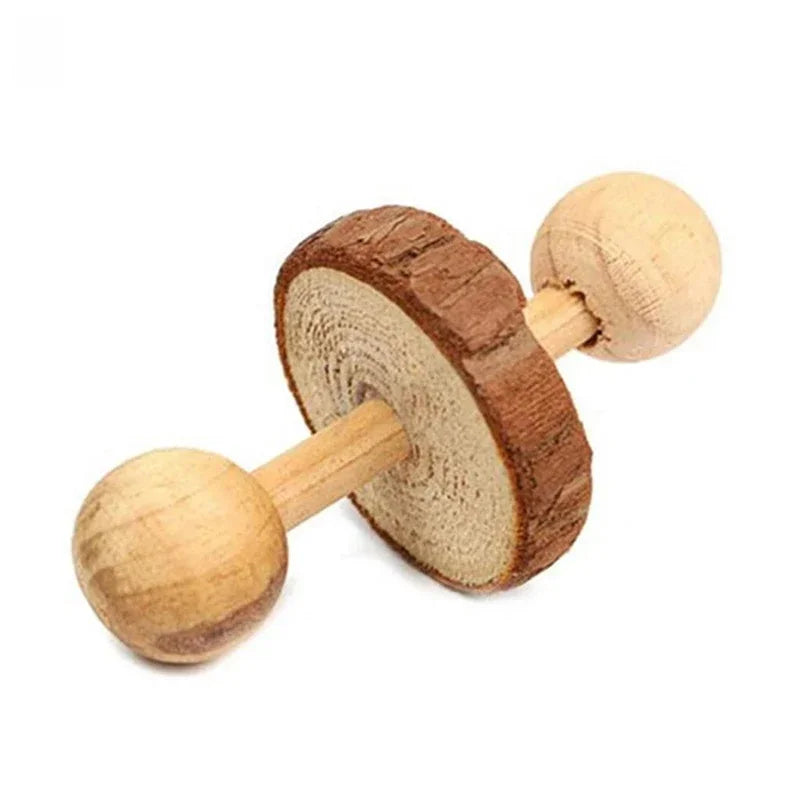 Wooden Rabbit Roller Toy – Natural Chew Dumbbell with Bell for Small Pets