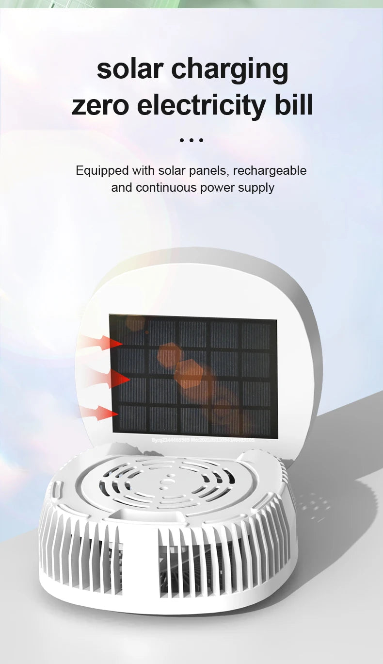 Outdoor Solar Camping Fan – 5 Speeds, LED Light, USB Rechargeable & Power Bank Function, Quiet Portable Electric Fan