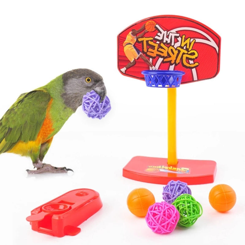 4-in-1 Parrot Bird Toy Set – Basketball, Skateboard, Stacking Ring, and Shopping Cart Interactive Training Toys
