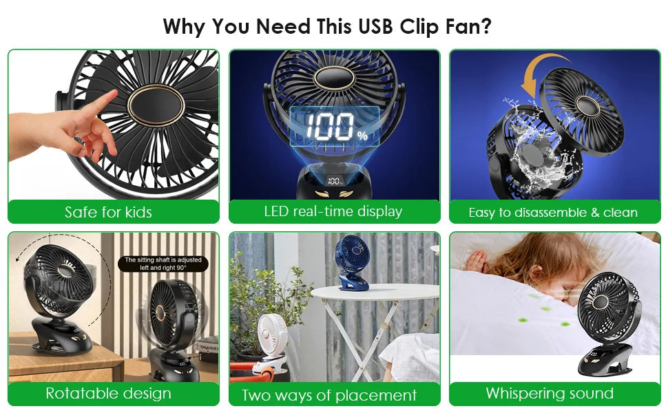 Portable USB Personal Fan for Home, Office, Travel, Bed, Stroller, Camping & Golf Cart