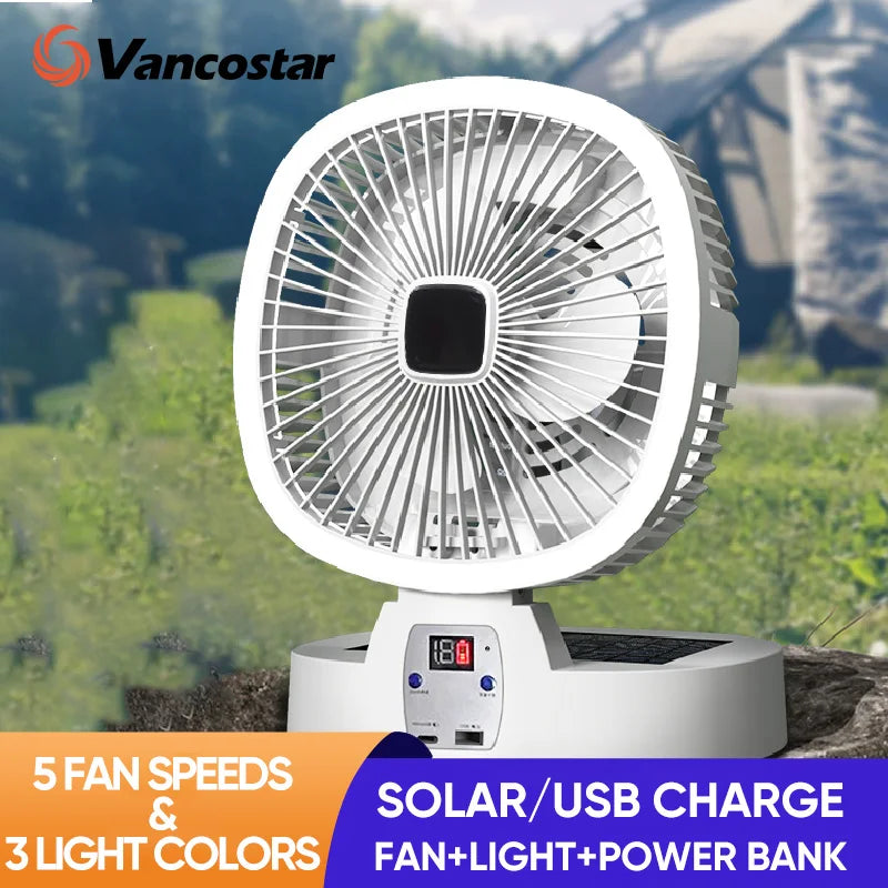 Outdoor Solar Camping Fan – 5 Speeds, LED Light, USB Rechargeable & Power Bank Function, Quiet Portable Electric Fan