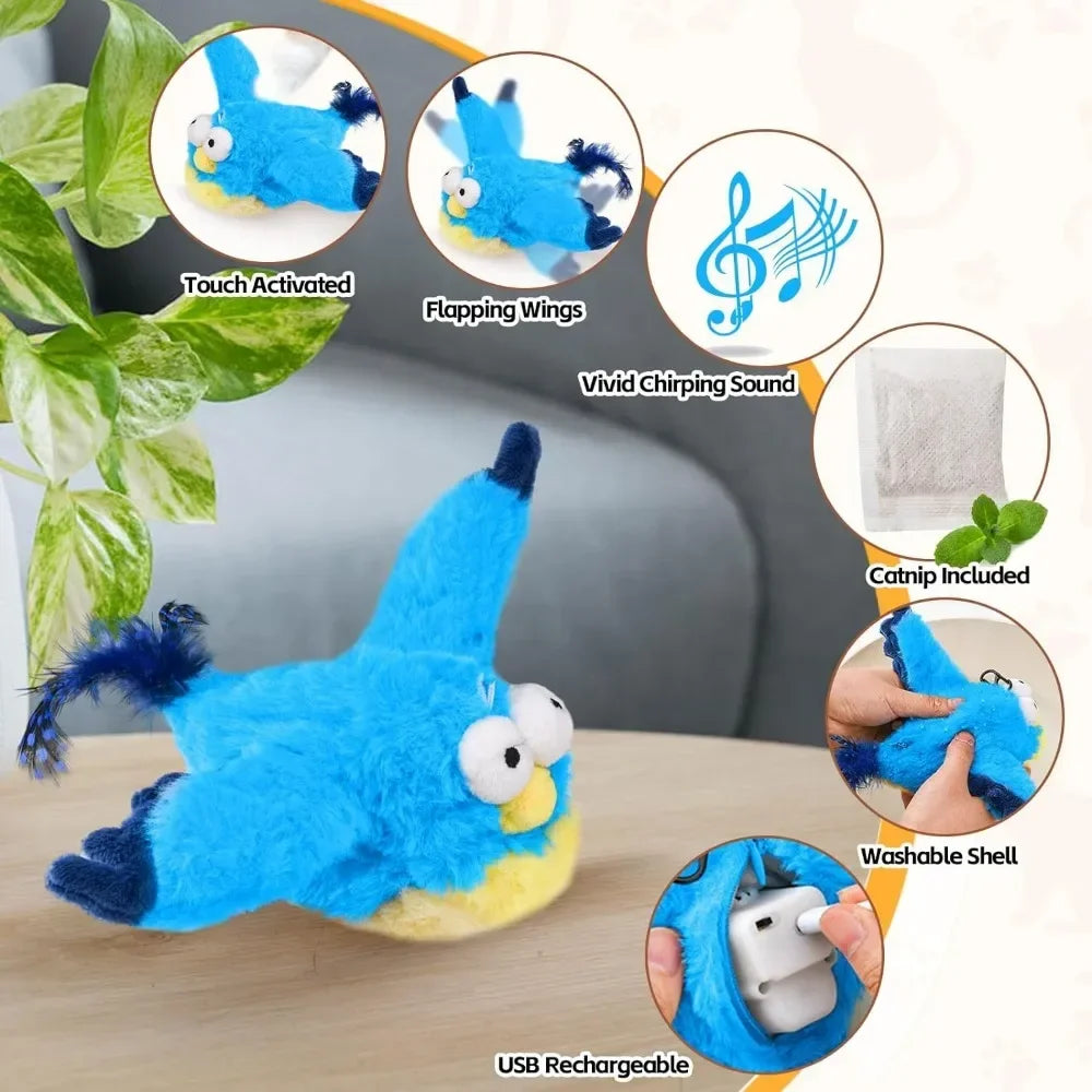 Interactive Chirping & Flapping Bird Cat Toy – Rechargeable Plush with Catnip