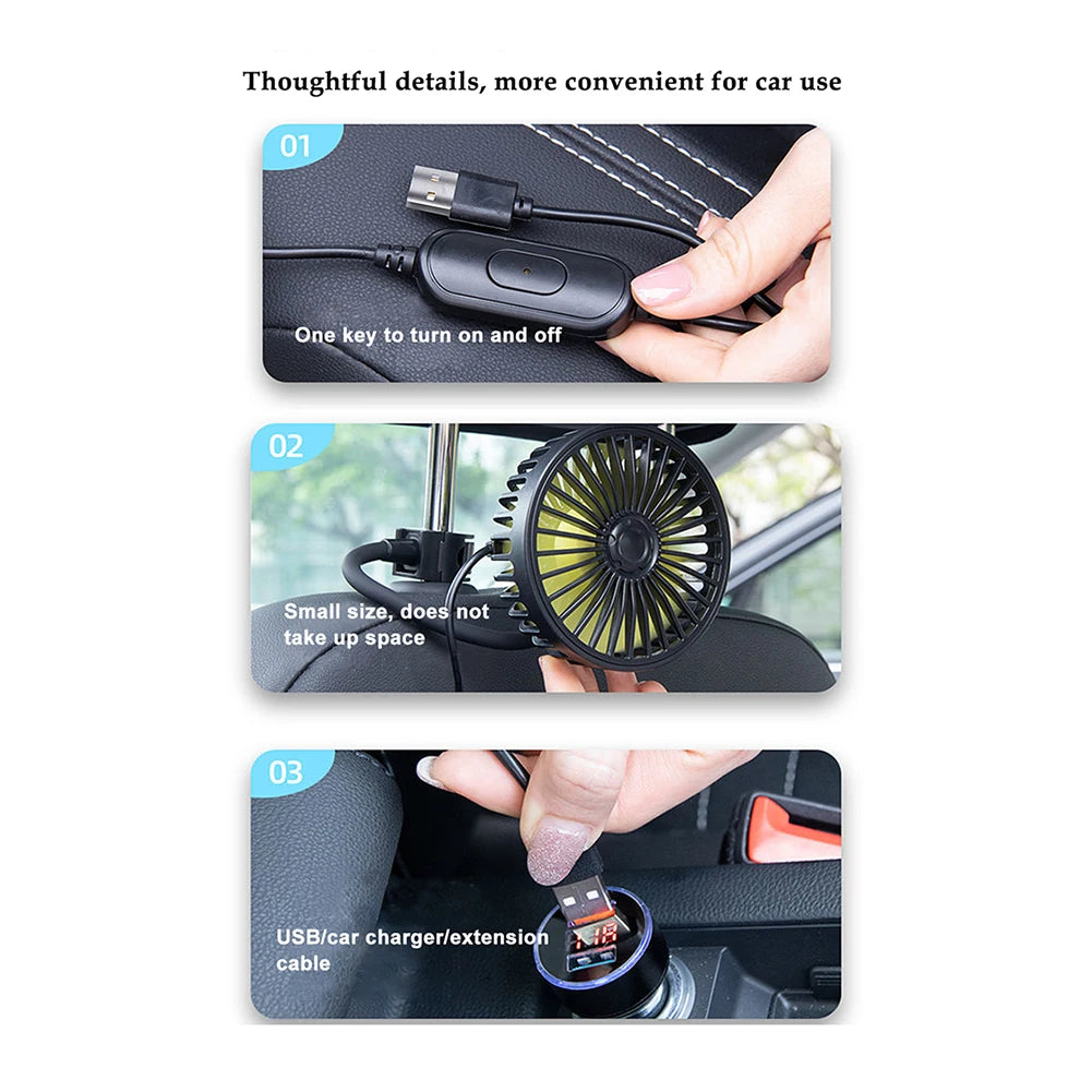 Car Air Cooling Fan – USB Powered Back Seat Fan with 3-Speed Wind Adjustment & 5 ABS Fan Blades