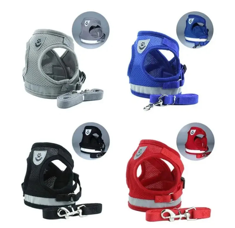 🐾 Adjustable Mesh Dog Harness & Leash Set – Breathable Vest with Collar and Traction Rope (XS–XL)