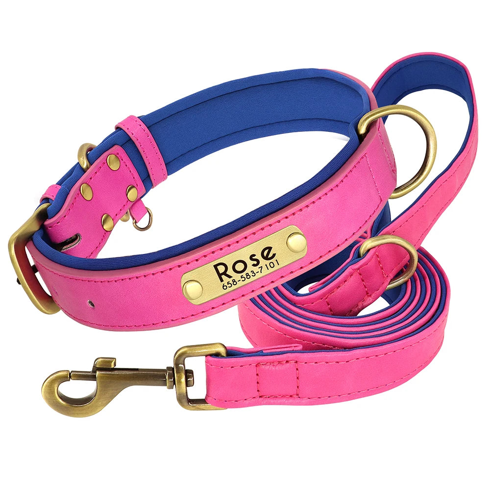 Custom Leather Dog Collar & Leash Set – Soft Padded with Engraved Nameplate