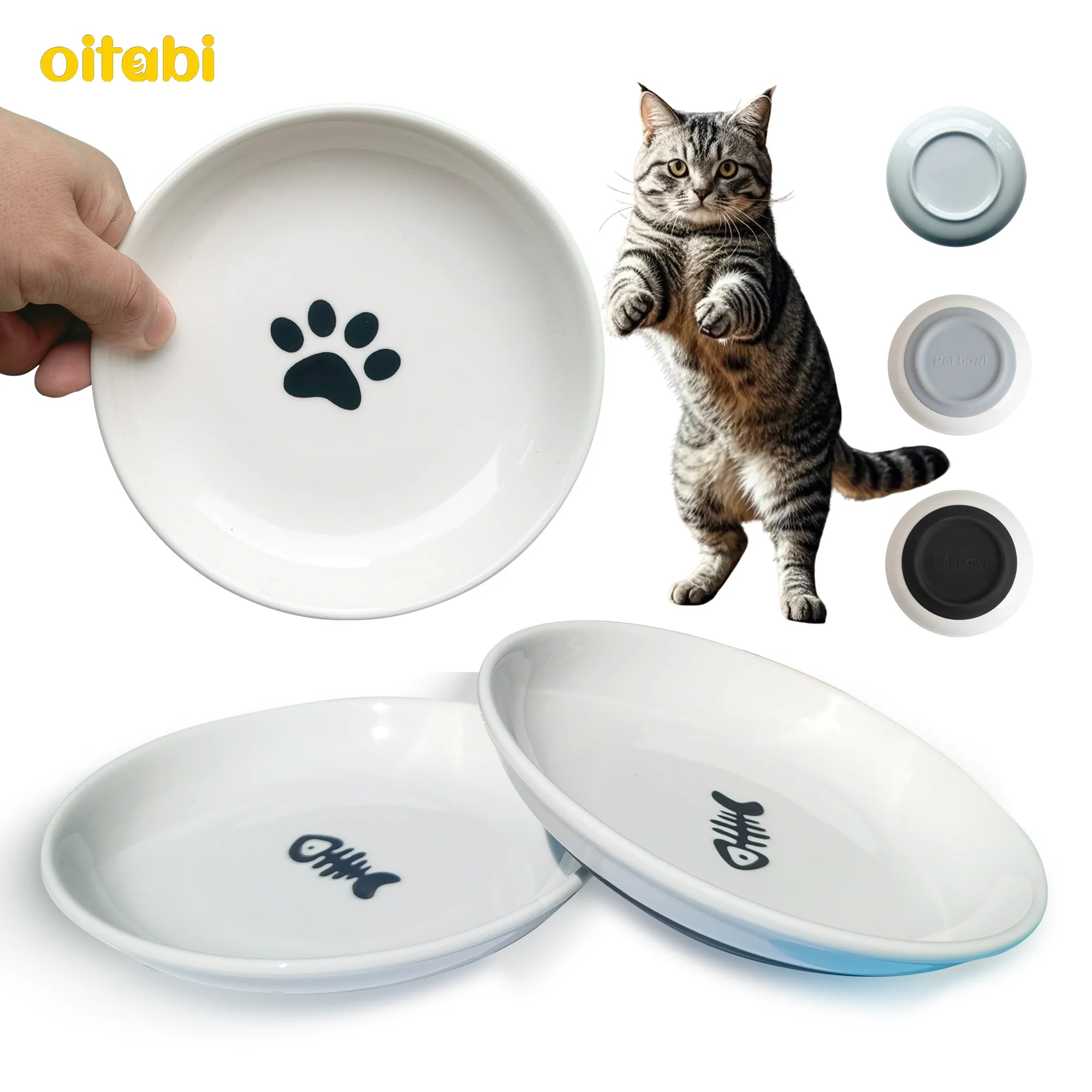 🐾 Oitabi 3PCS No-Spill Cat Bowl Set – Shallow Ceramic Dishes for Cats & Kittens