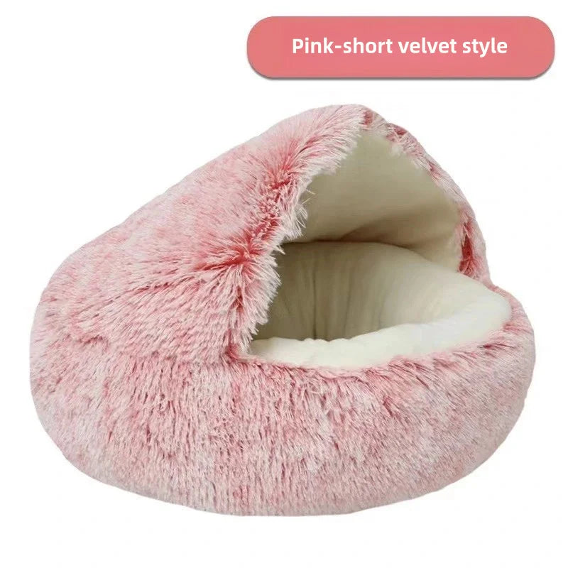 Autumn & Winter Plush Pet Bed – Semi-Enclosed Shell Cat Nest for Cozy Warmth