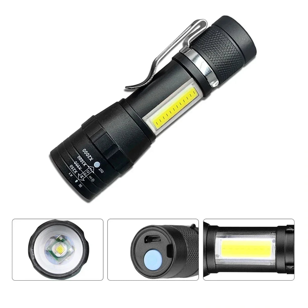 🔦 USB Rechargeable Mini Flashlight – COB+XPE Zoomable Torch with 3 Modes