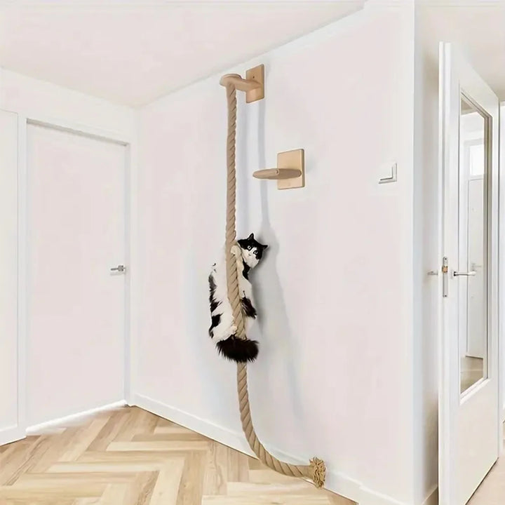 🐾 Wall-Mounted Cat Climbing Rope with Solid Wooden Pedals – Indoor Kitten Training & Claw Grinding Furniture