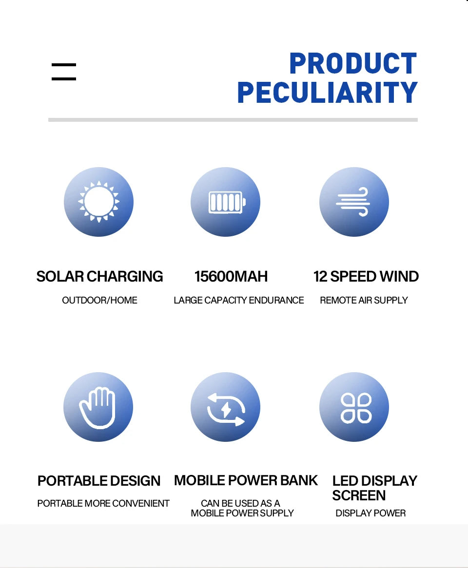 14 Inch Portable Rechargeable Table Fan with Solar Panel Powered and AC Charger Dual Input for Household, Camping, Fishing