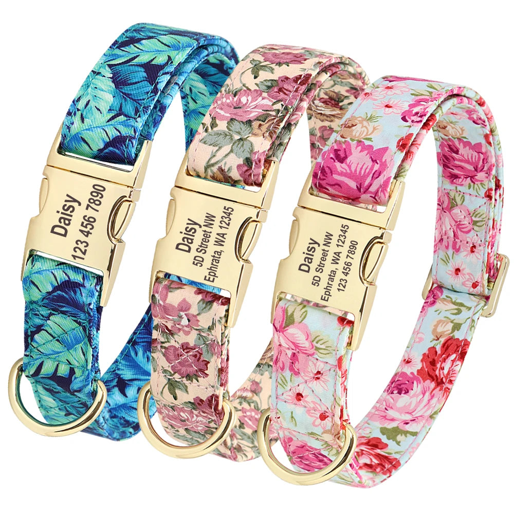 Personalized Floral Dog Collar & Leash Set – Custom Engraved Pet ID