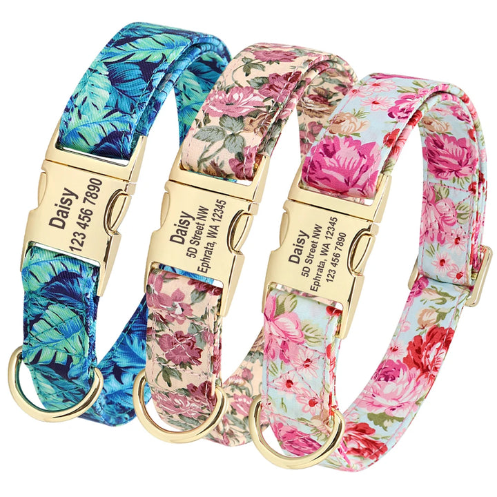 Personalized Floral Dog Collar & Leash Set – Custom Engraved Pet ID