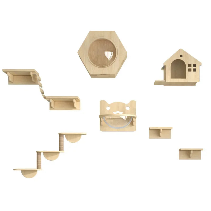 🐾 Wooden Wall Climbing Set for Cats – DIY Modular Cat Tower & Training System