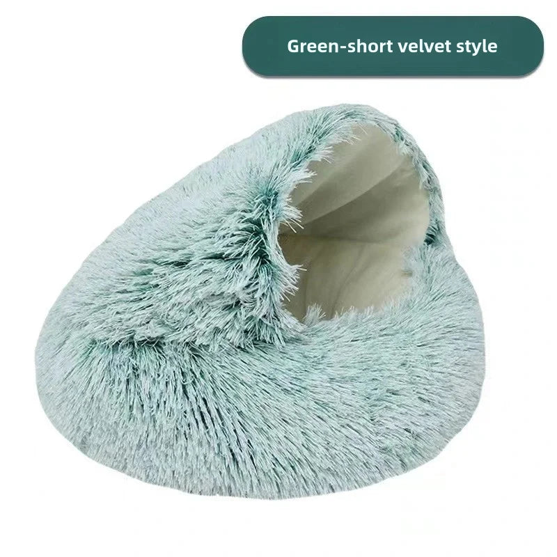 Autumn & Winter Plush Pet Bed – Semi-Enclosed Shell Cat Nest for Cozy Warmth
