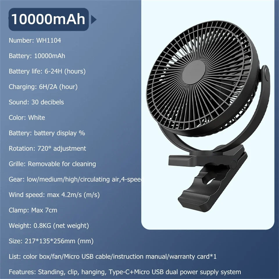 USB Charging Table & Clip Fan – 10,000mAh Battery, 4-Speed Portable Wireless Electric Ceiling Fan for Home, Travel, Outdoor Use